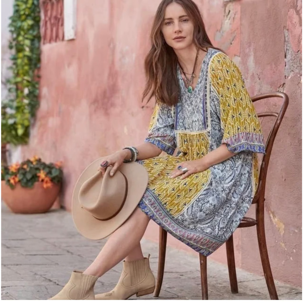 Sundance Womens Blue Gold Geometric Floral Terraza Peasant Tunic Dress XS